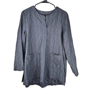 Niche‎ Nigun Derman Textured Tunic Top M Blue Long Sleeve Lagenlook Art Pockets